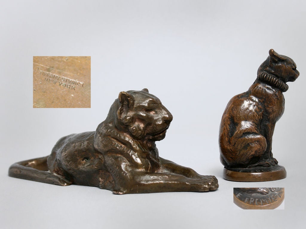 20th Century Bronze Tiffany Lion and Fremiet Cat