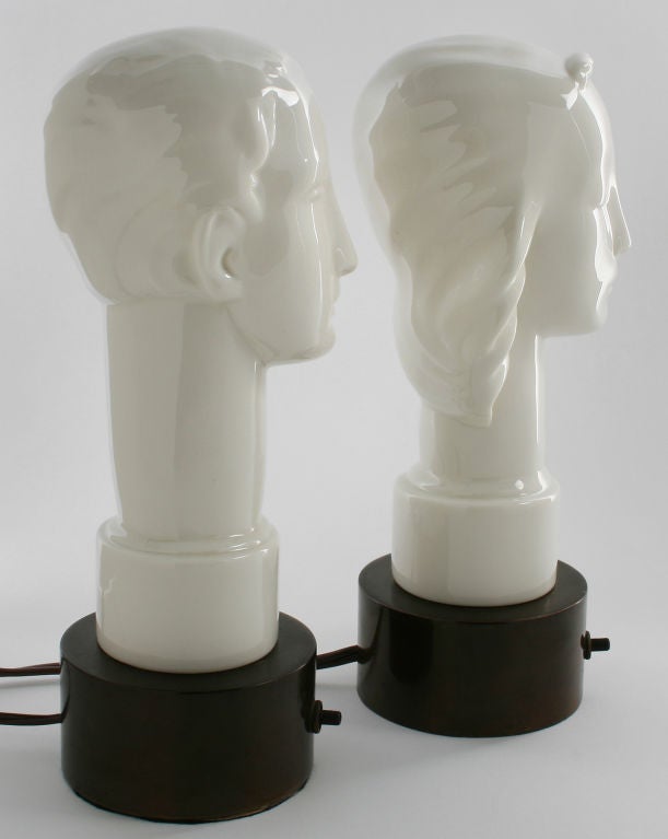 Mid-20th Century Porcelain Lenox  Art Deco Lamps of a Man and Woman