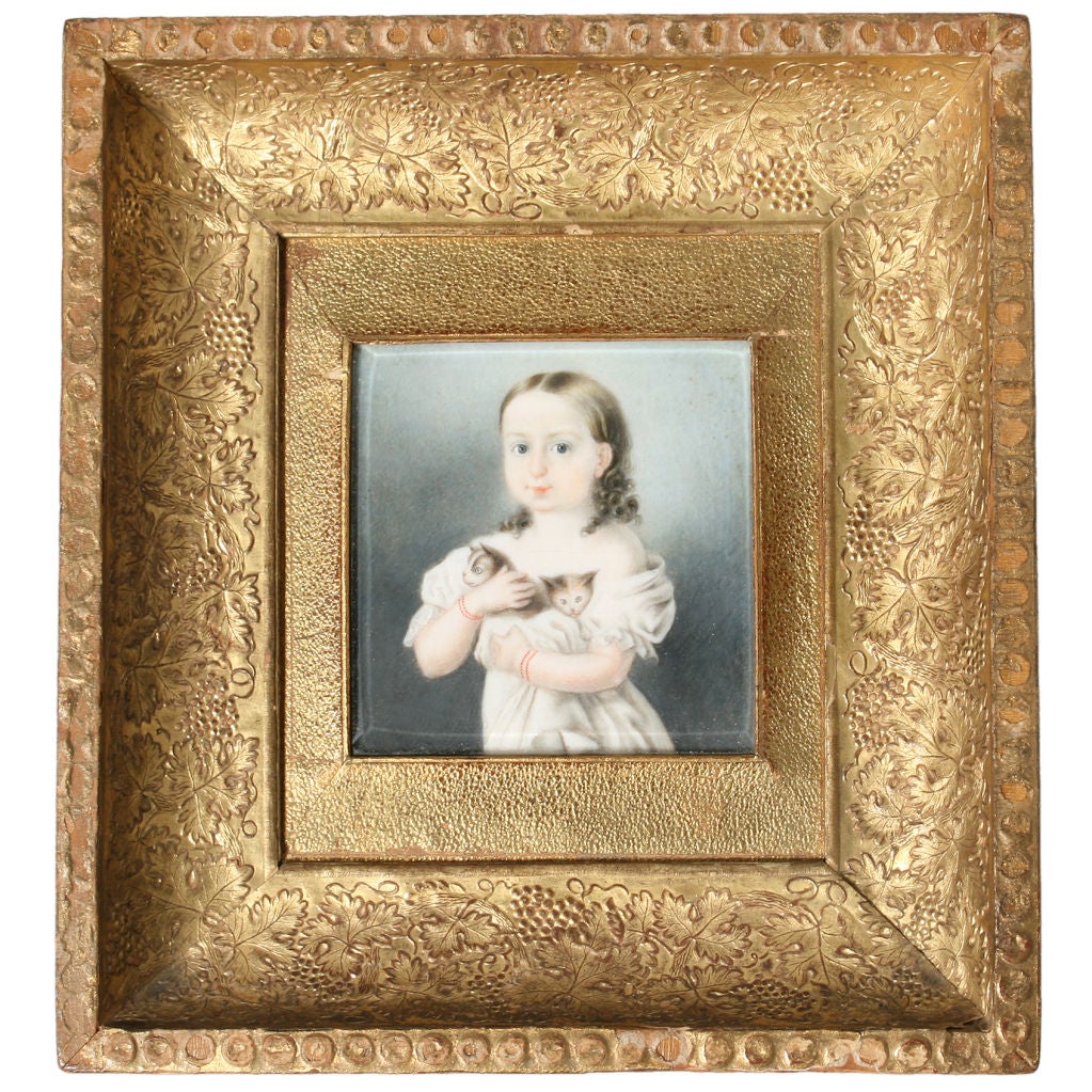 Miniature Victorian Painting Girl with Kittens