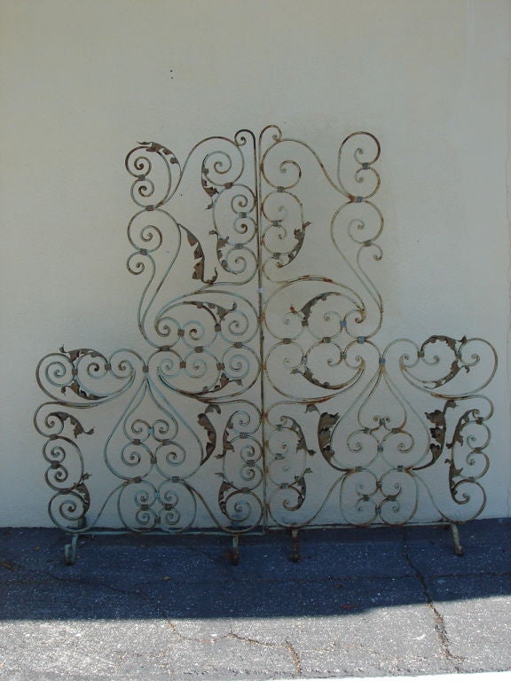 Pair of American FREE STANDING Screens may be used in the Garden, as a HEADBOARD or Room Divider
Hand made iron with gold leaf leaves here and there. (May be used in the center of an area. INSIDE or OUTSIDE Can be painted again and again!