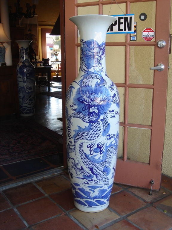 Pair of Blue on white 5 DRAGONS surround each large palace vase.  hand painted by Mrs. Woo (known as the best artist of her time in China.  each vase is marked with a chop 