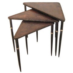 Set of 3 wrought iron and leather nesting tables