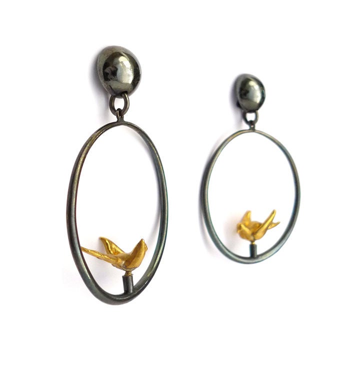 "LOVE BIRDS" gilt metal earrings by LINE VAUTRIN