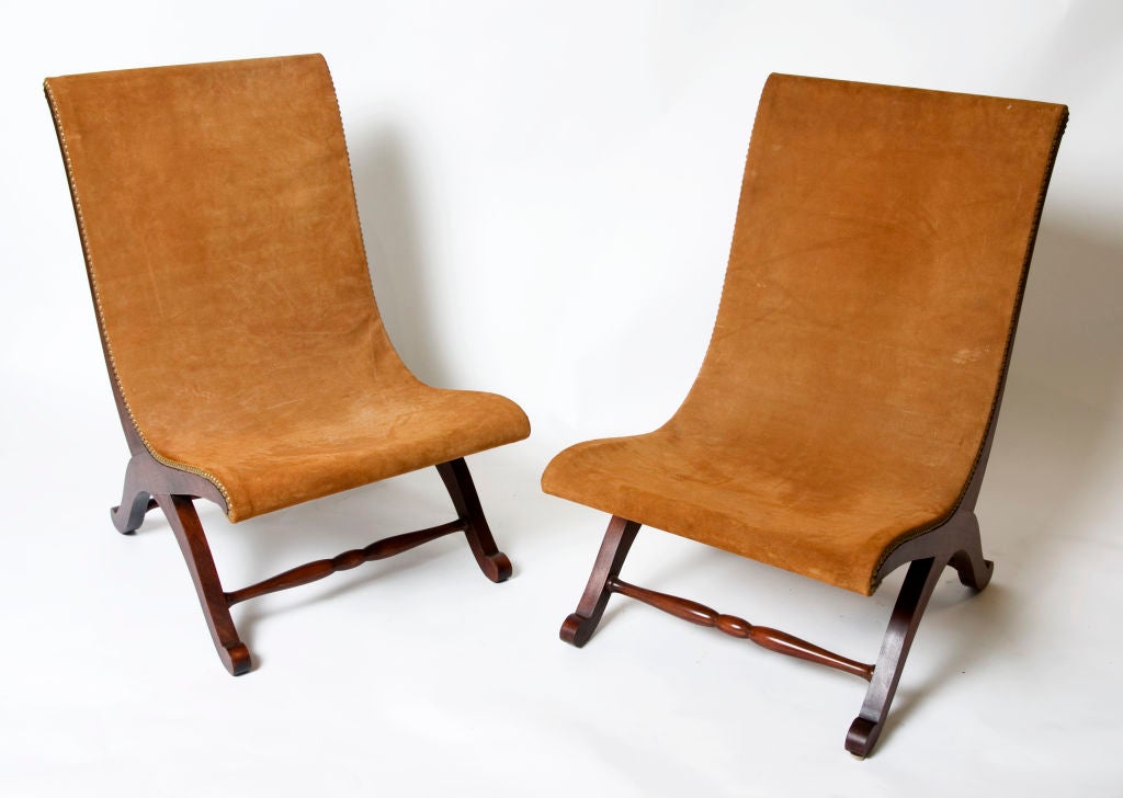 Pair of Camel colored Suede Low Lounge Chairs