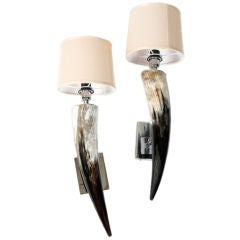 Pair of Horn Wall Sconces with Cream Shade