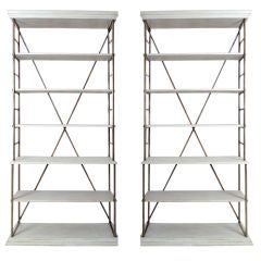 Pair of Bibliotheques with Antiqued White Wood and Brass