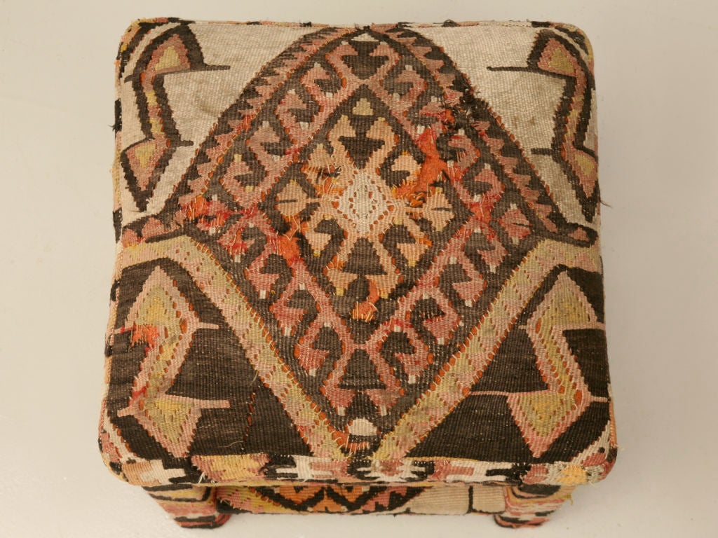 Designed by self-taught Chicago born artist Karl Mann we proudly offer this fabulous pair of Kilim rug upholstered stools. Fantastic stored under a console or sofa table, then pulled out and utilized when extra seating is needed. Our store's owner