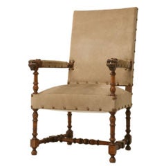 c.1900 French Louis XIII Walnut & Suede Chair