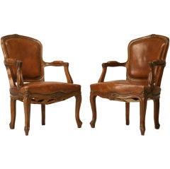c.1880 Pair of French Louis XV Walnut & Leather Fauteuils