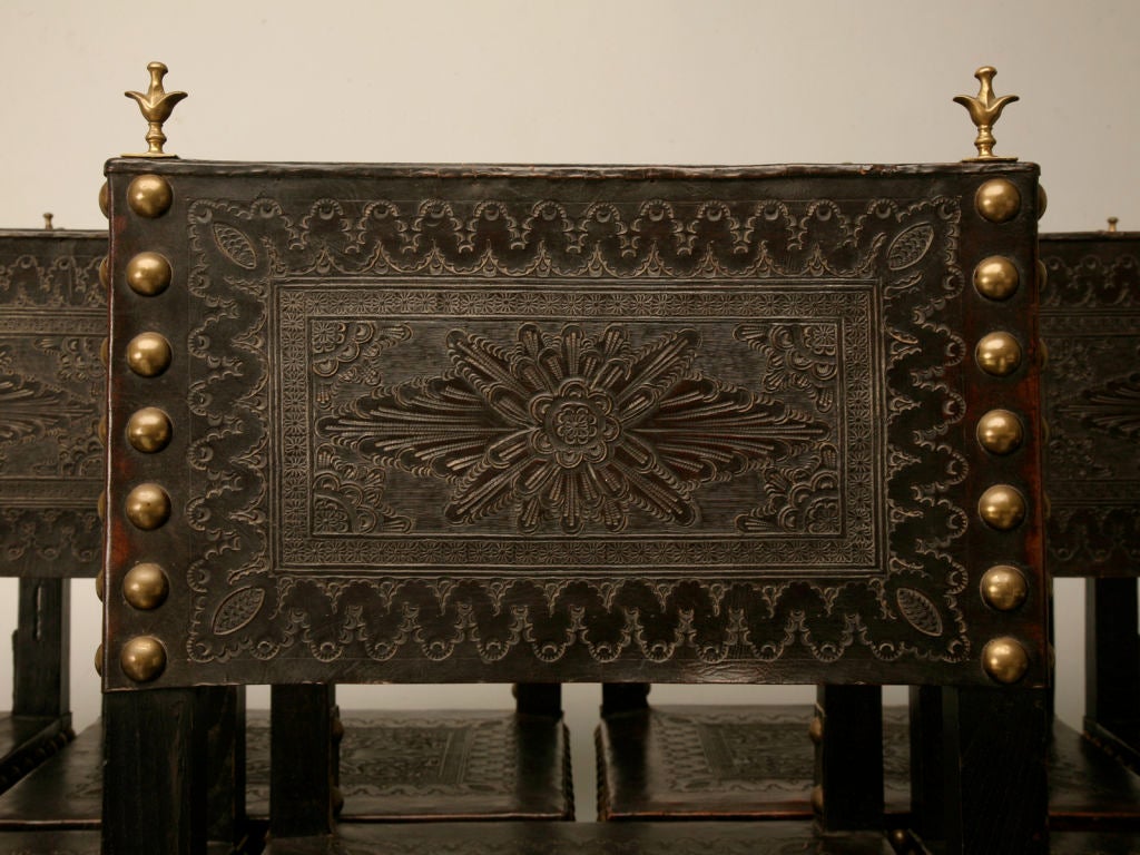 c.1880 Set of Ten Spanish Tooled Leather & Bronze Dining Chairs