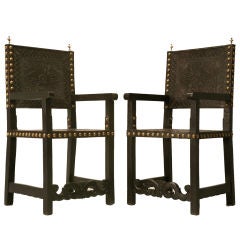 c.1880 Pair of Spanish Tooled Leather & Bronze Armchairs