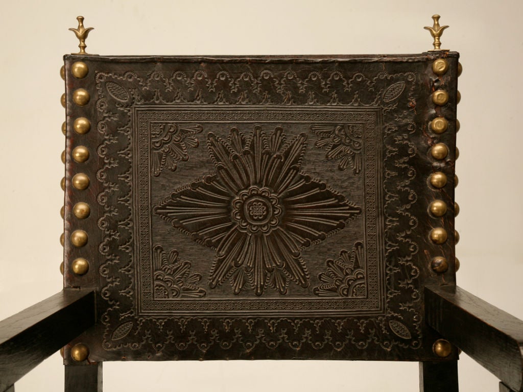 c.1880 Pair of Spanish Tooled Leather & Bronze Armchairs