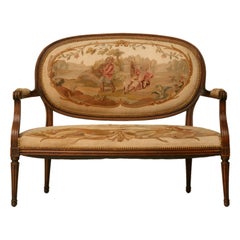 Antique Petite French Louis XVI Settee, Original Aubusson Upholstery, Restored