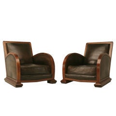 Vintage Awesome Pair of French Art Deco Leather & Walnut Club Chairs