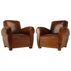 c.1930 Pair of Vintage French Original Leather Club Chairs