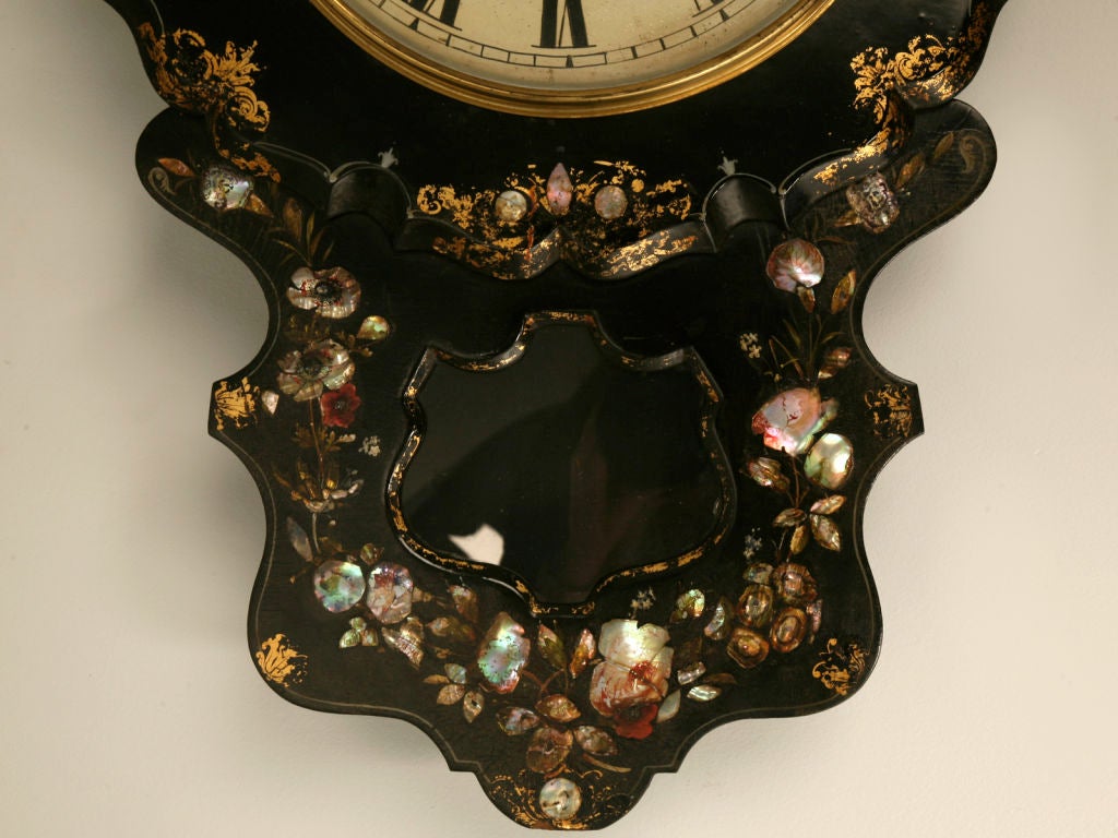 19th Century c.1870 Antique English Papier Mâché Clock w/Mother of Pearl