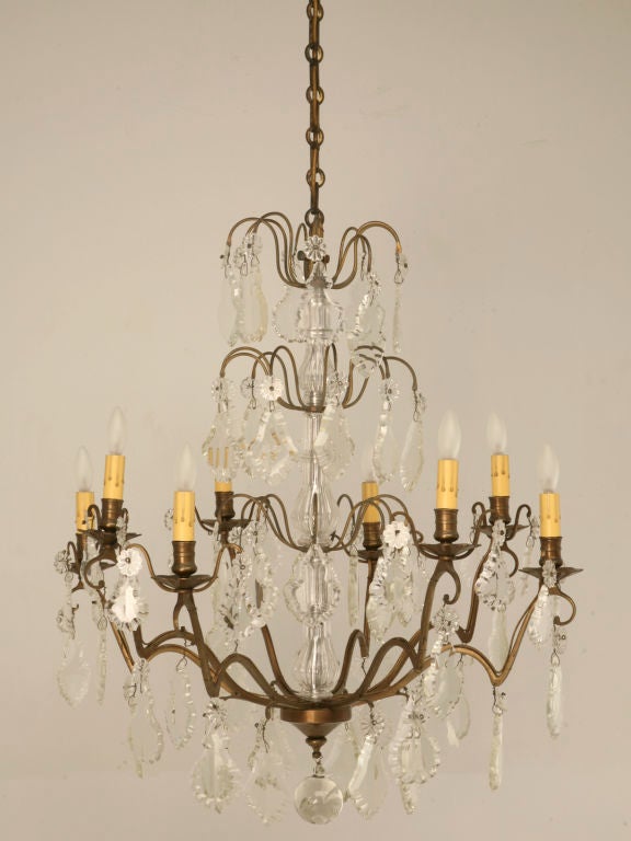c.1920 Large Vintage French Bronze & Crystal 8-Light Chandelier
