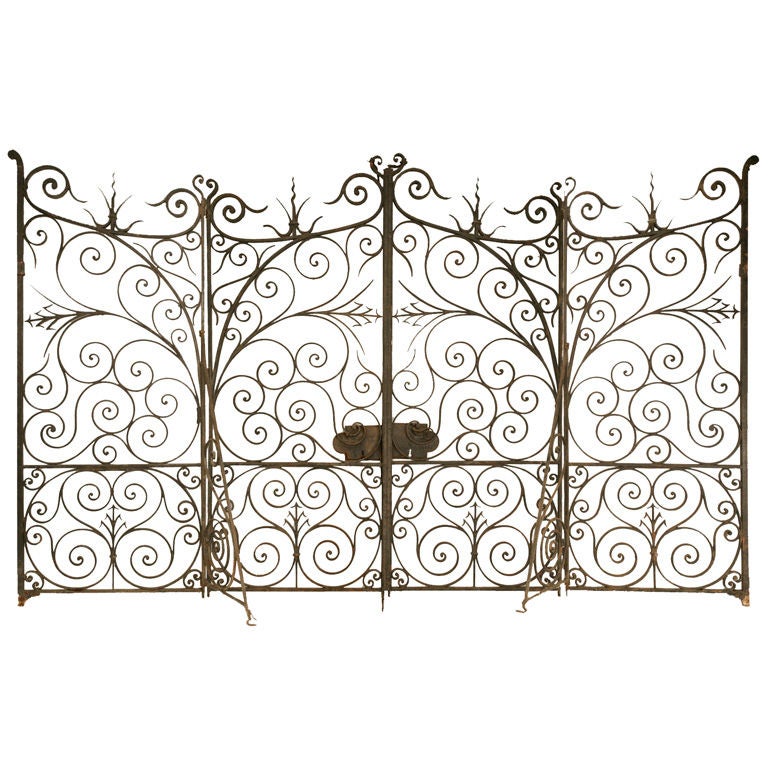 Large Antique French Hand Wrought Iron Gates w/Sides