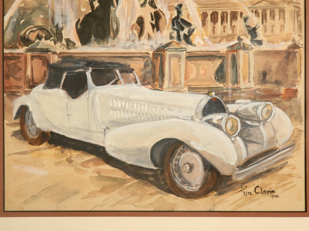 Paper Original Watercolor of a Bugatti Royale by Pierre Clairin, circa 1946
