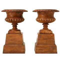 Pair of Vintage Iron Urns on Matching Plinths