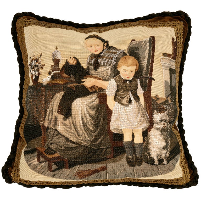 c.1880 The Best Antique English Folk Art Hand-Beaded Pillow Ever