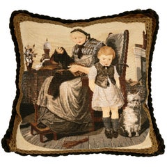 c.1880 La mejor almohada antigua de arte popular inglés bordada a mano