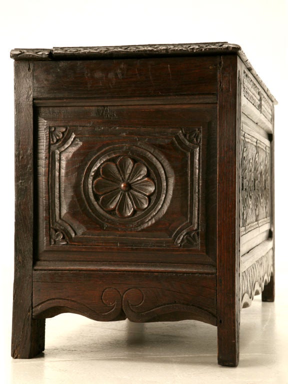 Original Antique French Hand-Carved Oak Coffer