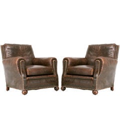 Pair Vintage French Original "Croc" Embossed Leather Club Chairs