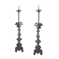 Pair of Lead Altar Stick Lamps