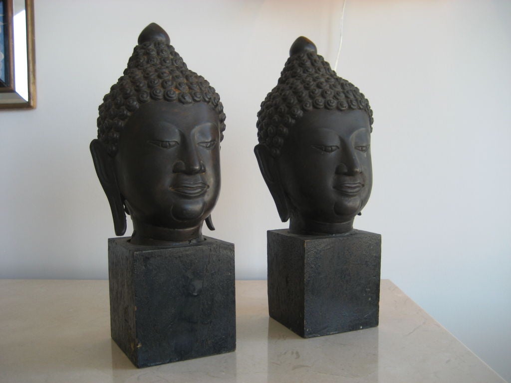 Pair of Bronze Mid Century  Buddha Heads