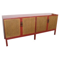 Mid-Century Red Lacquer Cabinet with Rattan Facade