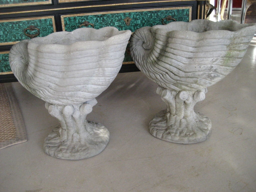 Highly detailed pair of concrete planters with shell motif.