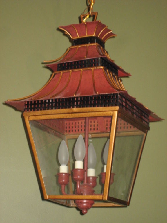 Unknown Red Tole Lantern with Glass Panes
