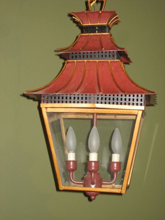 Tin Red Tole Lantern with Glass Panes