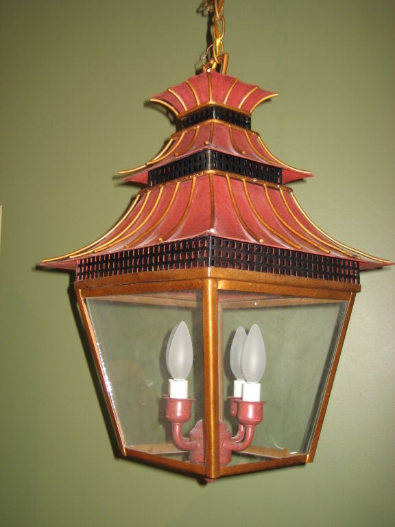 Red Tole Lantern with Glass Panes 1