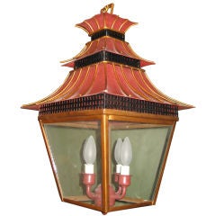 Red Tole Lantern with Glass Panes