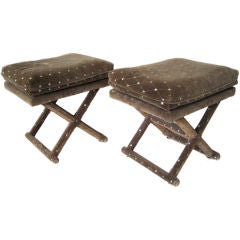 Pair of Velvet  Benches With X Stretcher