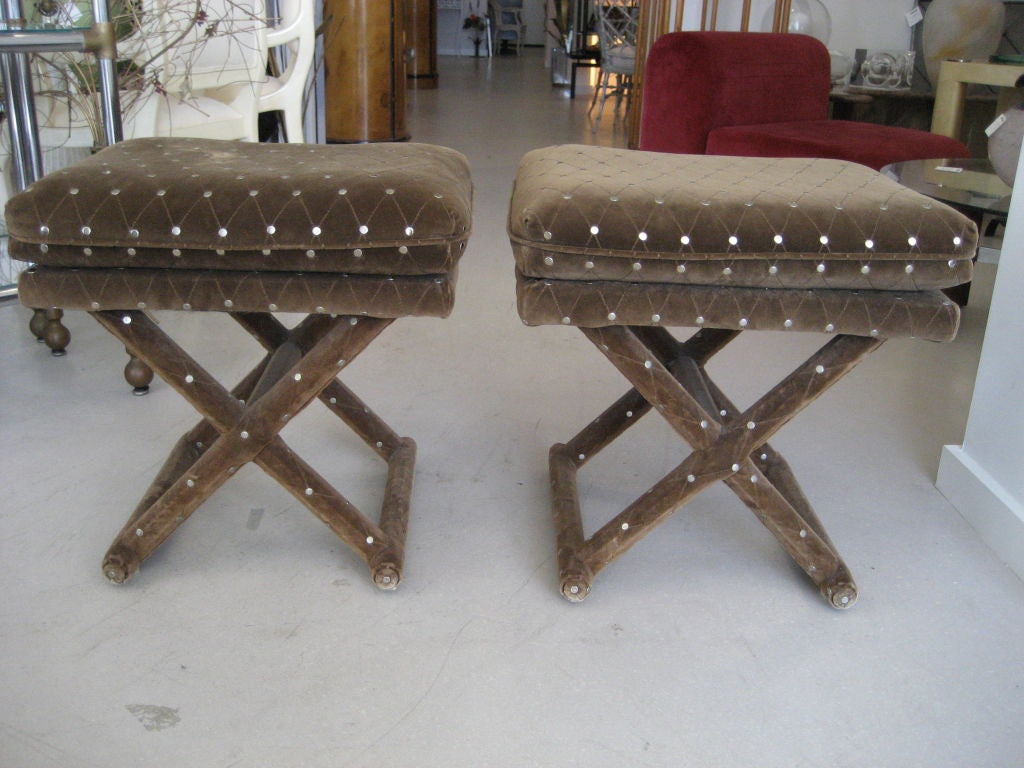 Pair of Velvet  Benches With X Stretcher