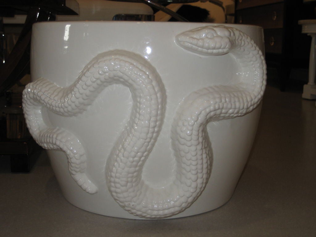 Pair of Grand White Garden Pots with Snake Motif