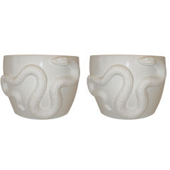 Pair of Grand White Garden Pots with Snake Motif