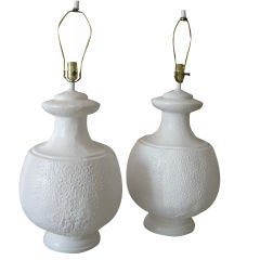Pair of White Bulbous Mid Century Pottery Lamps