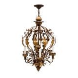 A Pair of Italian Iron Cage Form Chandeliers
