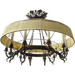 French Neo Grec Style Bronze Chandelier with Pleated Silk Shade