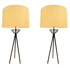 Pair of  French Iron  and Brass Tripod  Lamps