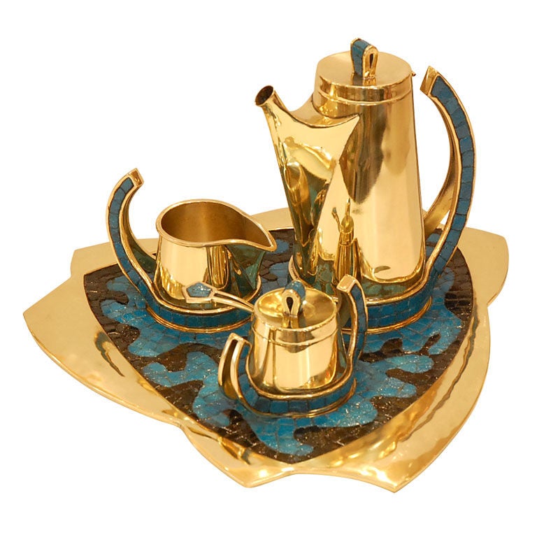 Salvador Teran Brass and Mosaic Coffee Service For Sale