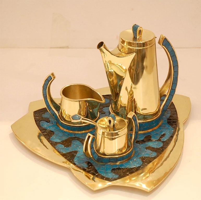 Hand Wrought Brass and Glass Mosaic Coffee Service by Salvador Teran. Includes Coffee Server, Sugar Bowl with Lid and spoon, Creamer and Tray