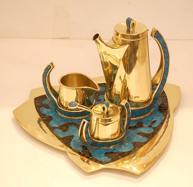 Mexican Salvador Teran Brass and Mosaic Coffee Service For Sale