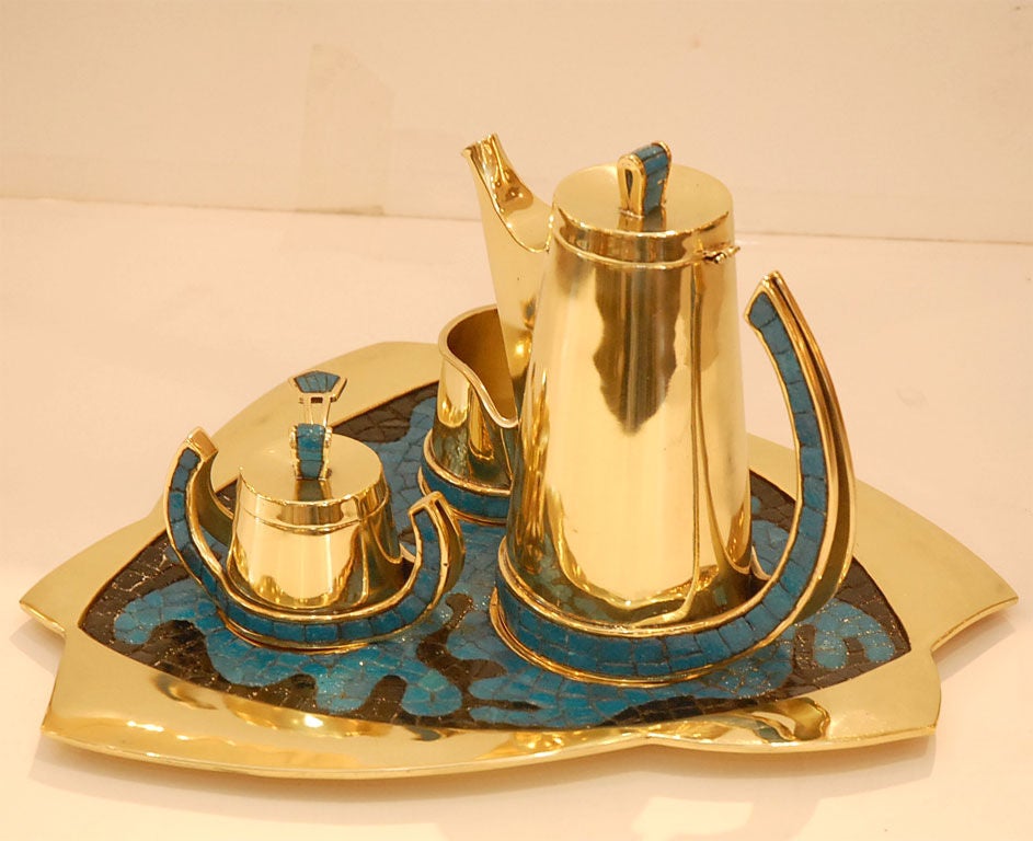 Salvador Teran Brass and Mosaic Coffee Service In Excellent Condition For Sale In Los Angeles, CA