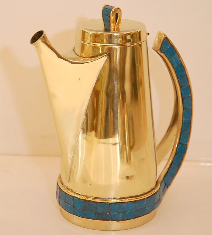 Salvador Teran Brass and Mosaic Coffee Service For Sale 2