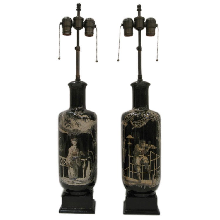 Pair of Glass Lamps, Reverse Transfer Print